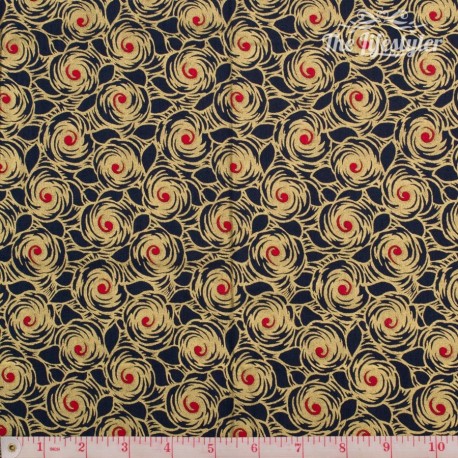 Timeless Treasures - Revive, golden and red flowers on navy