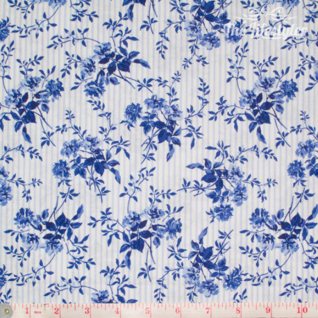 Westfalenstoffe - Delft blue flowers on light blue and white stripes