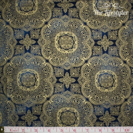 Timeless Treasures Majesty, golden medallions on navy