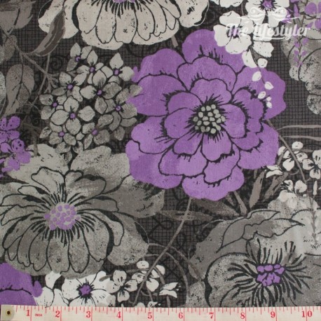 Wilmington Prints - Purple Haze, grey and purple flowers on charcoal