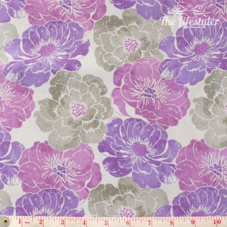 Wilmington Prints - Purple Haze, grey and purple flowers on light grey