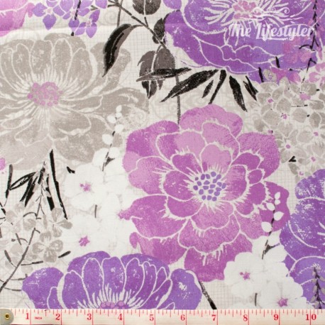 Wilmington Prints - Purple Haze, big grey and purple flowers on white