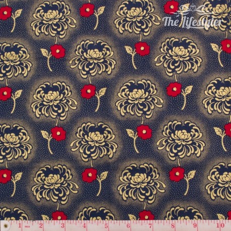 Timeless Treasures - Revive, golden and red flowers on navy